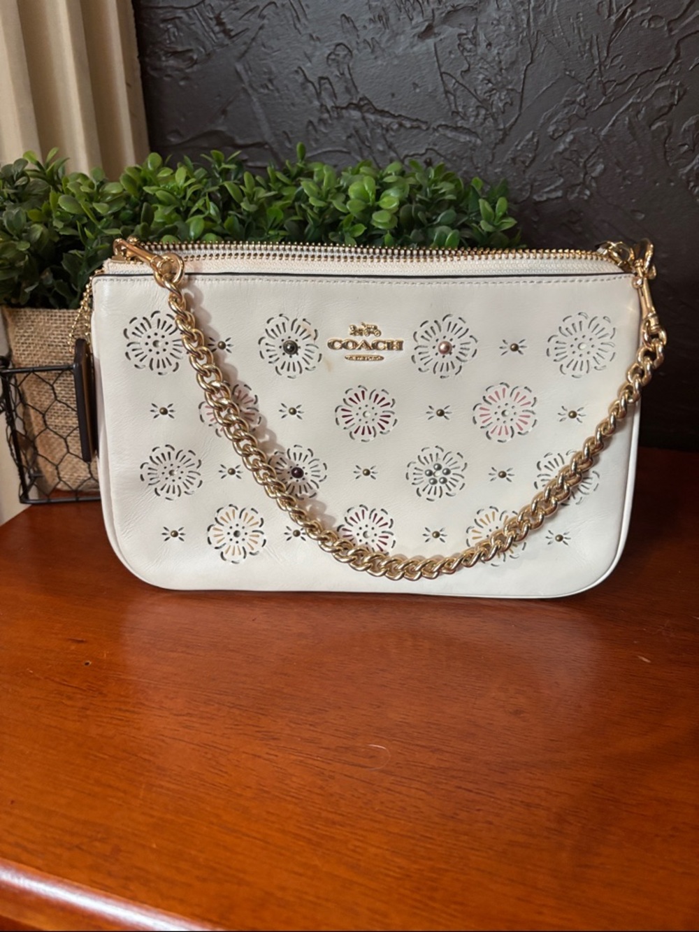 Coach Nolita 22 Cut out Tea Rose Stud Accent Gold Chain EUC